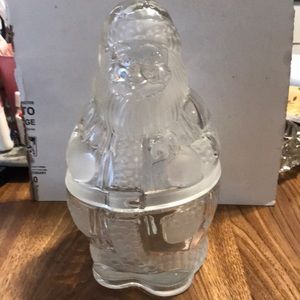 New !   Lalique like crystal n frosted glass. 2pc Santa Cookie Jar.   glass